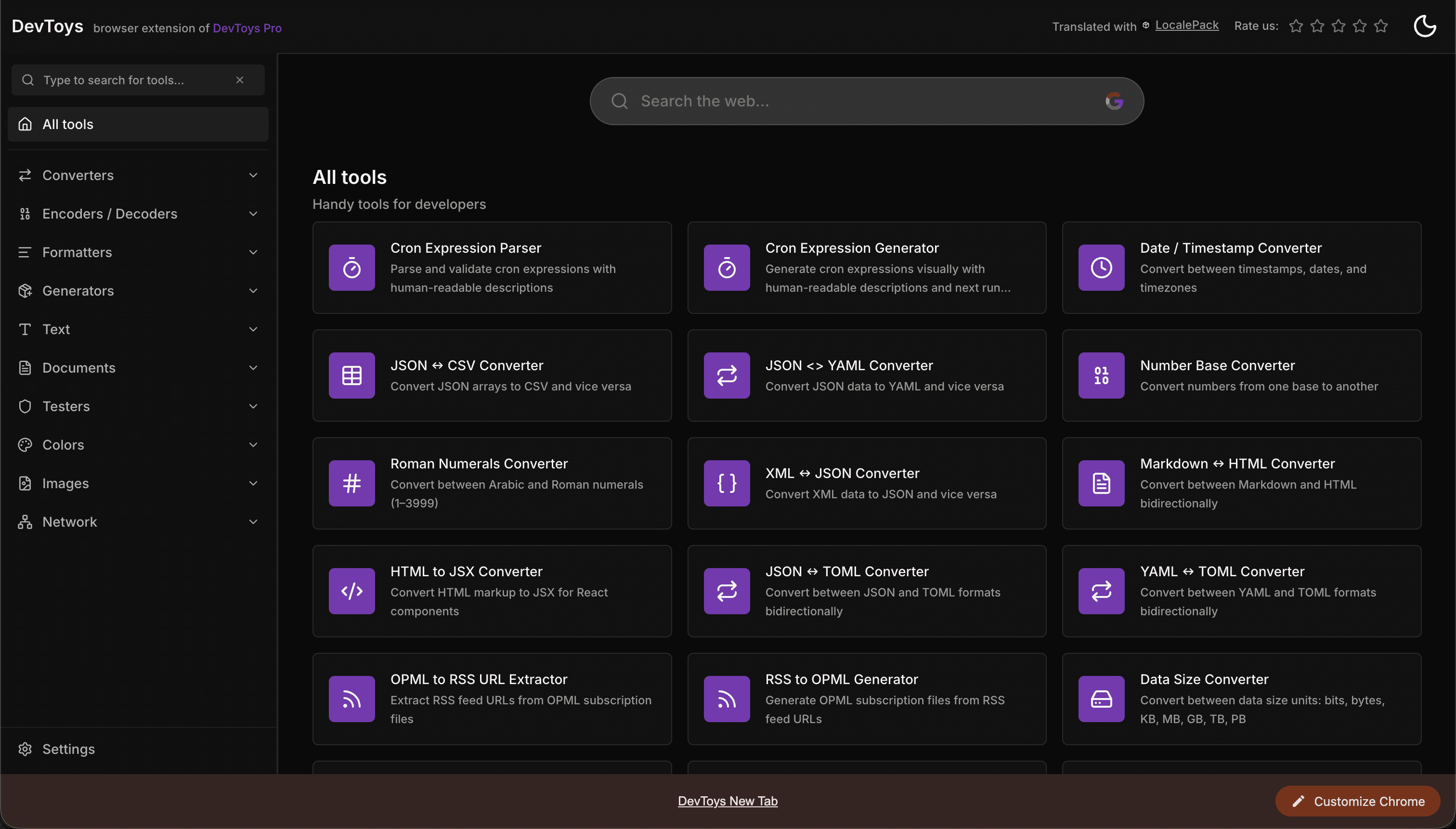 DevToys New Tab Chrome extension localized into 52 languages